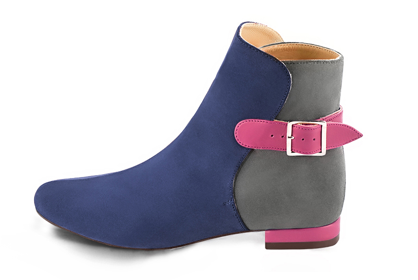 Prussian blue, dove grey and fuschia pink women's ankle boots with buckles at the back. Round toe. Flat block heels. Profile view - Florence KOOIJMAN